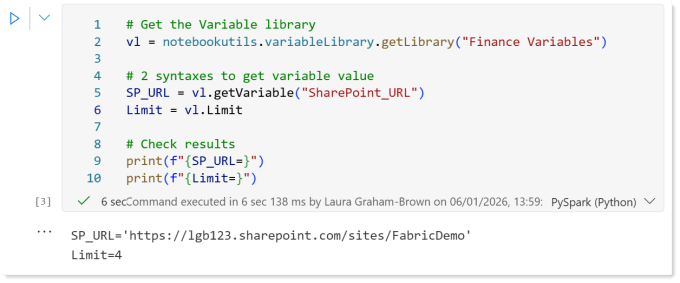 Screen shot of the code loading variable library in a notebook and the results after it ran.