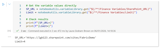 Screen shot of the code loading variable library in a notebook using references and the results after it ran.