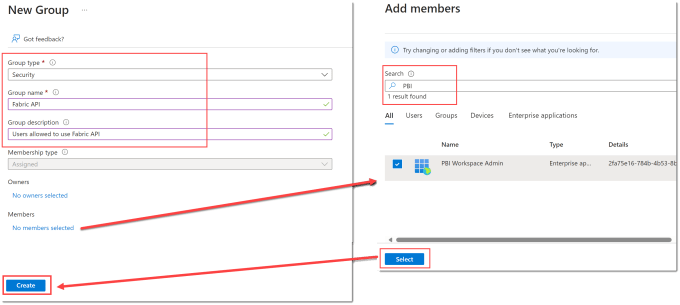 Showing the details of creating a group and adding the service principal to the group.