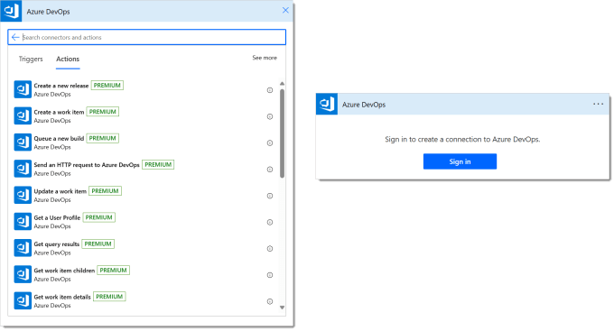 List of available actions for the DevOps connector which have the Premium label on and the dialog prompting you to Sign in if this is your first time using this connector.