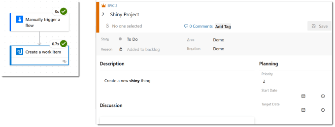 Flow with green ticks showing it completed and a screen grab of the Epic work item created by the flow.