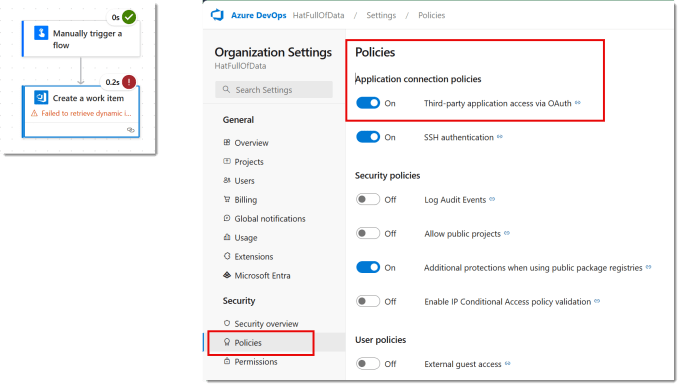 Flow run showing the failure and then a screen grab of Organisation settings of Policies with Third-party application access via OAuth highlighted to allow connecting Power Automate to DevOps
