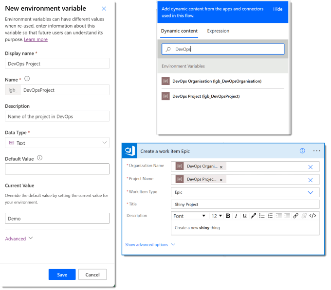 Screen grab of creating the environment variable, what it looks like in the dynamic content and finally using the environment variables for connecting Power Automate to DevOps