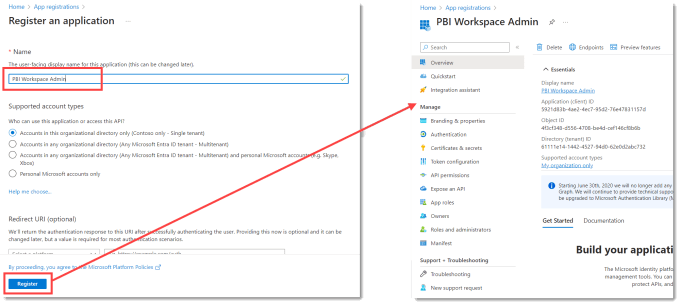 Entering App Registration name and register