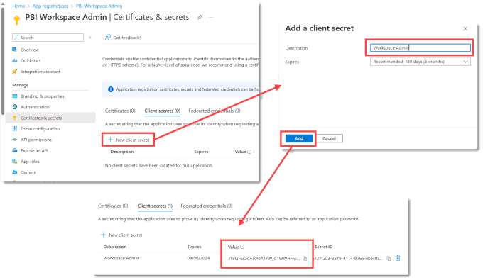 Adding a secret to the service principal profile