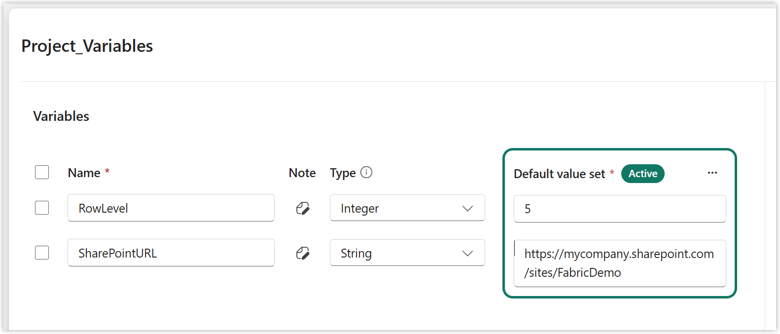 snapshot of the variable library with the 2 variables as define in the code