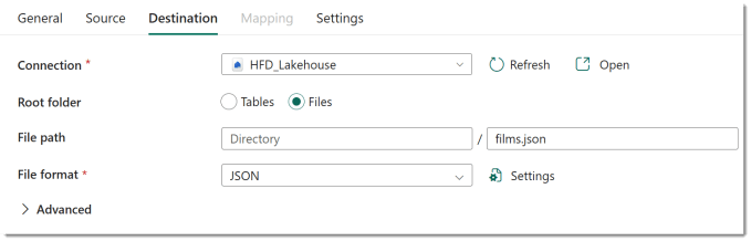 Filling in the destination details of the copy data activity