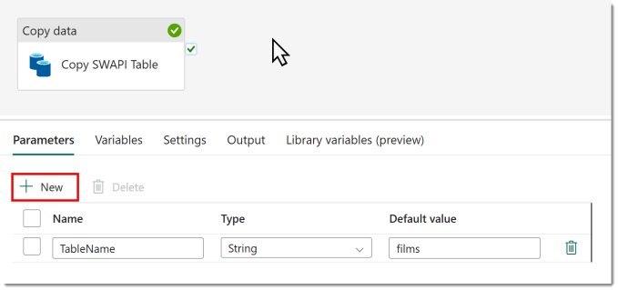 panel to create Data Pipeline with Parameters