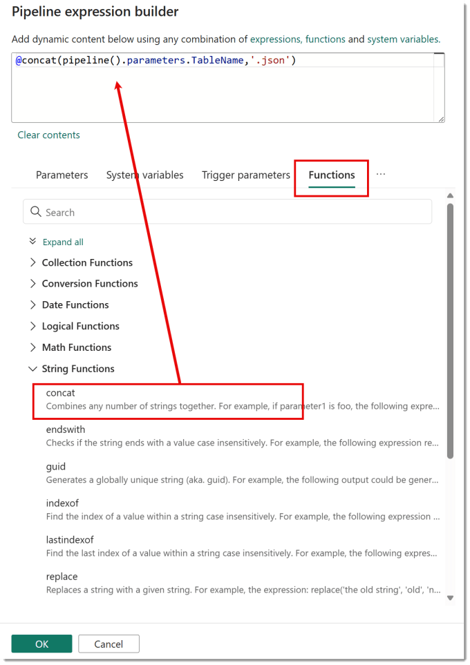 Selecting a function from the Functions list in the expression builder