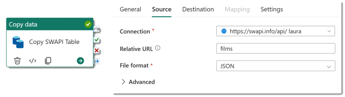 Filling in the source details of the copy data activity