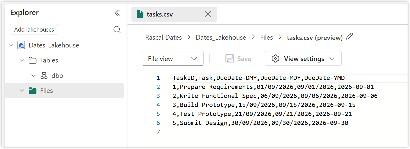 Screen grab of the lakehouse with the scv file open