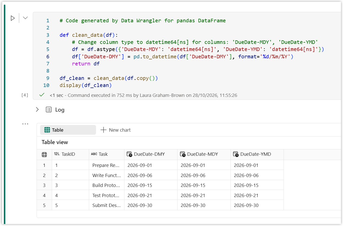 Screen shot of the complete function and the output table when it runs and all three date columns are correct