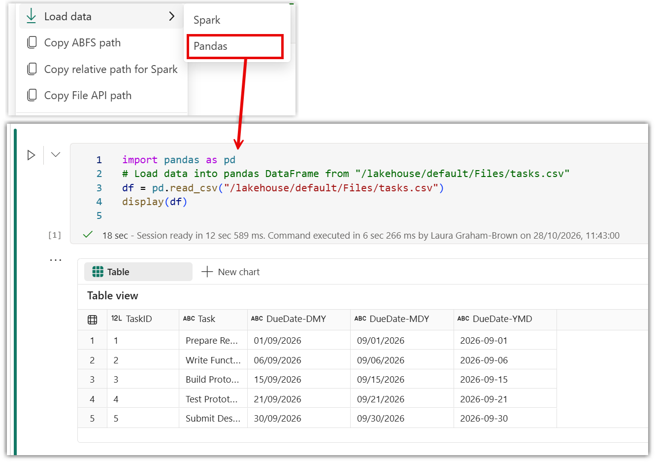 Screen grab of loading the file using Panda