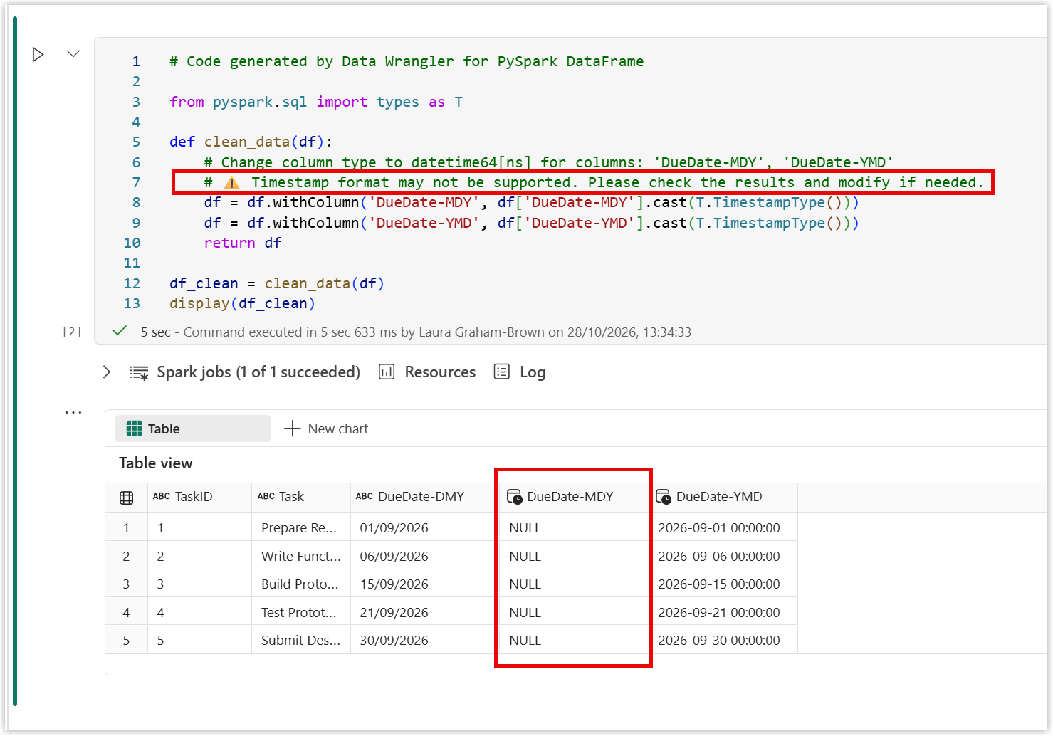 screenshot of the code written by Data Wrangler and the output when it runs with null values in the DueDate-MDY column