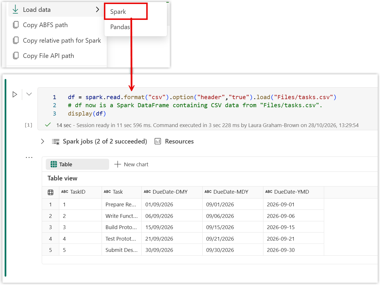 Screen shot of the csv file being loaded using spark