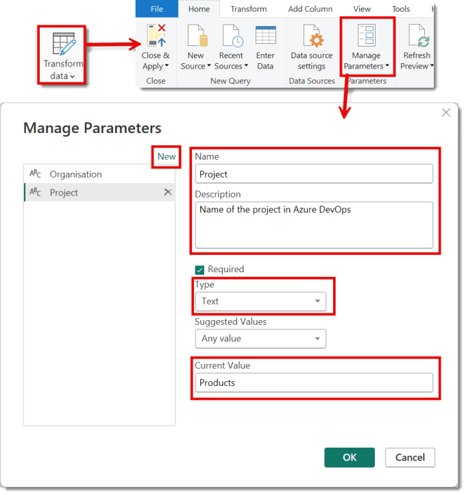 Screen shots of the Transform data button, the Manage Parameters button and then the dialog showing the list of Parameters and the form to fill in