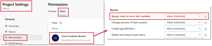 Setting up permissions in project settings to allow for updates on behalf of another