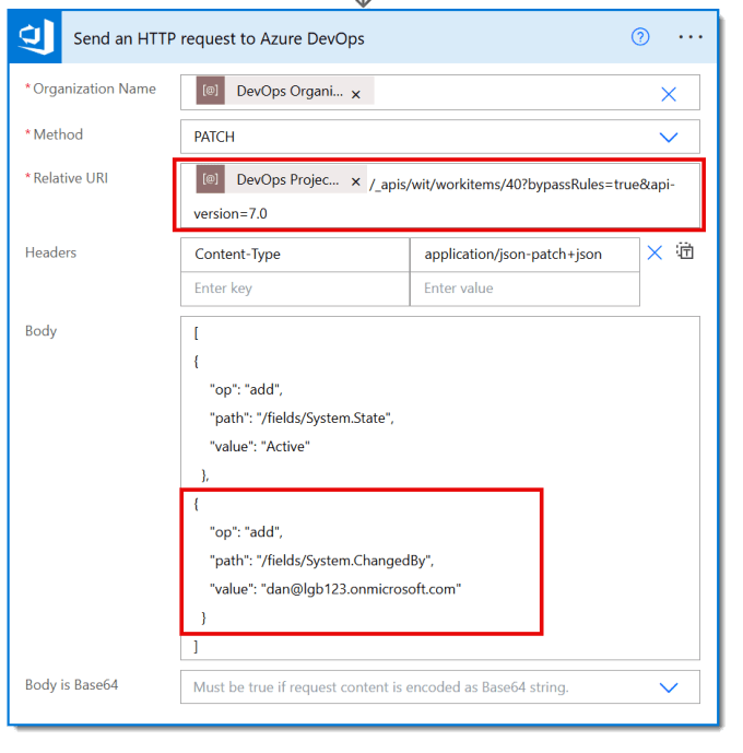 Send an HTTP request to Azure DevOps action with the bypassRules flag added to the URI and in the Body JSON an extra section to update the ChangedBy field. See Code below.