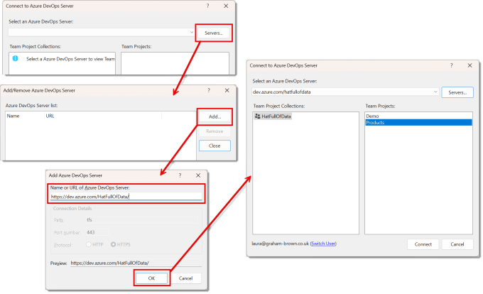 Screen shots of the dialogs to add a server and finally the Connect window showing the Team Projects on the server.
