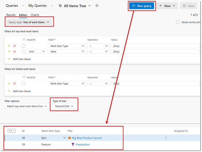 creating a tree query in DevOps