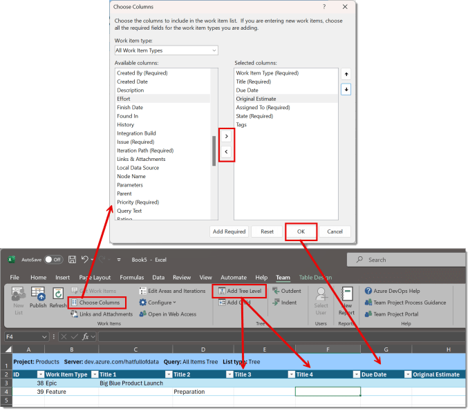 Team ribbon with Choose Columns and Add Tree Level highlighted and the Choose columns dialog.
