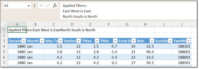 Screenshot from Excel showing the applied filter to the export data