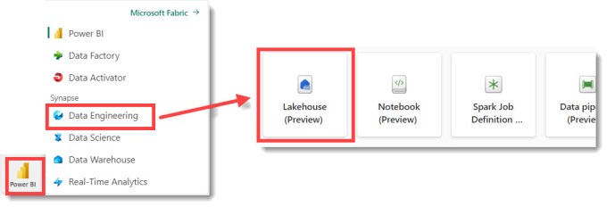 Screen grab showing the experience button and the menu of expereinces with Data Engineering highlighted and an arrow pointing at a screen grab of the Lakehouse button