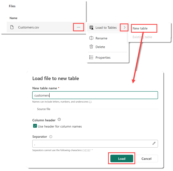 Screen grabs showing the filename with 3 dot menu highlighted and the popup menu and below that the Load file to new table dialog box