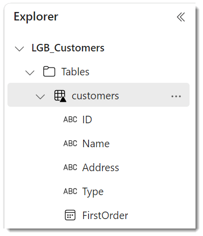 Explorer pane showing the customers table expanded to show the column names and types