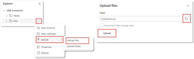 Screen grab of Explorer menu and the popup menu and the Upload files pane.
