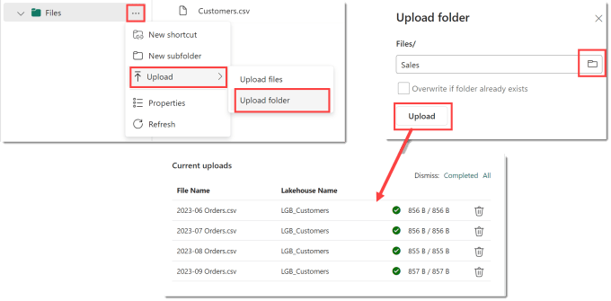 Screen grans showing the path from select upload folder to a list successful uploads