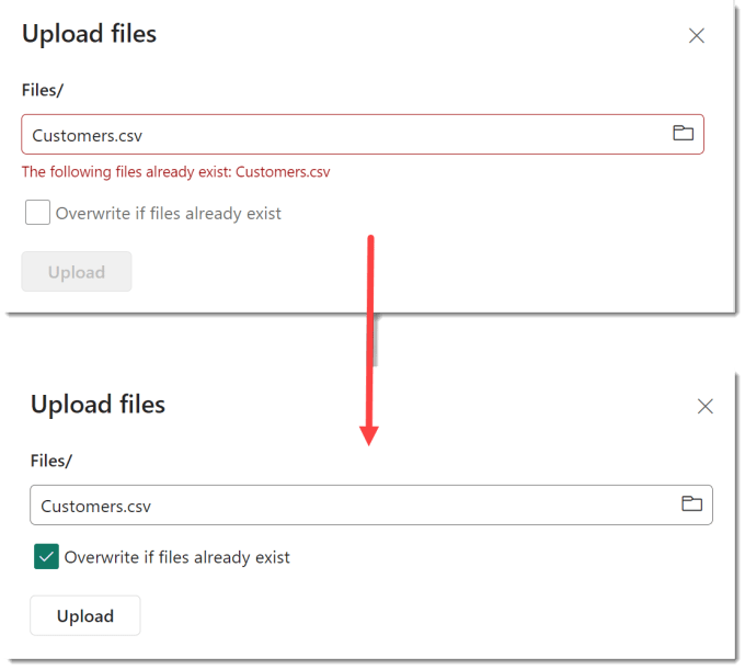 2 screen grabs of the Upload files pane. The first showing an error message of the following files already exist and the Upload button disabled. Second one with the Overwrite if files exist box ticked and the Upload button enbaled.