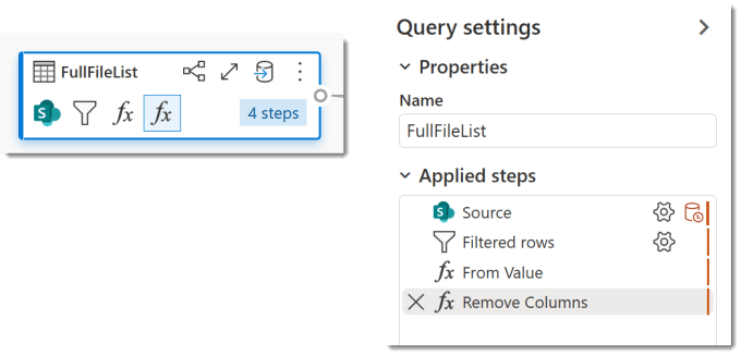 Query steps from the FullFileList Query showing the steps the made it broke
