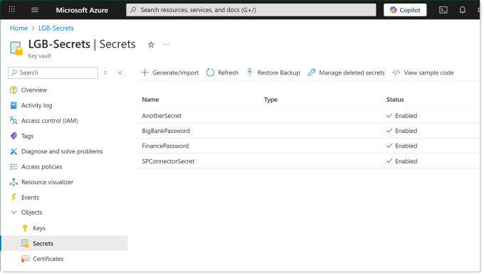 Screenshot of the Key Vault site showing the list of secrets.