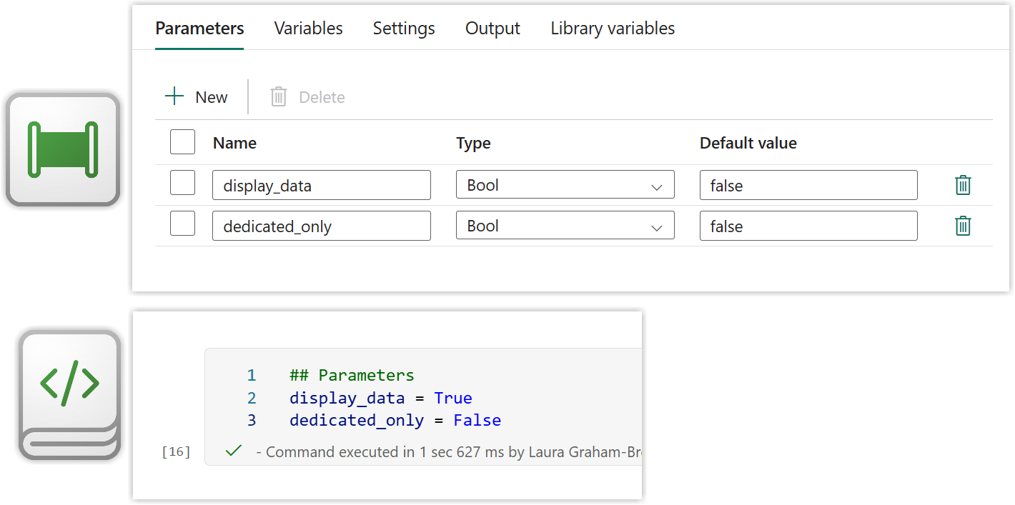 Snapshot of the pipeline parameters and notebook parameter code block with dedicated_only parameter