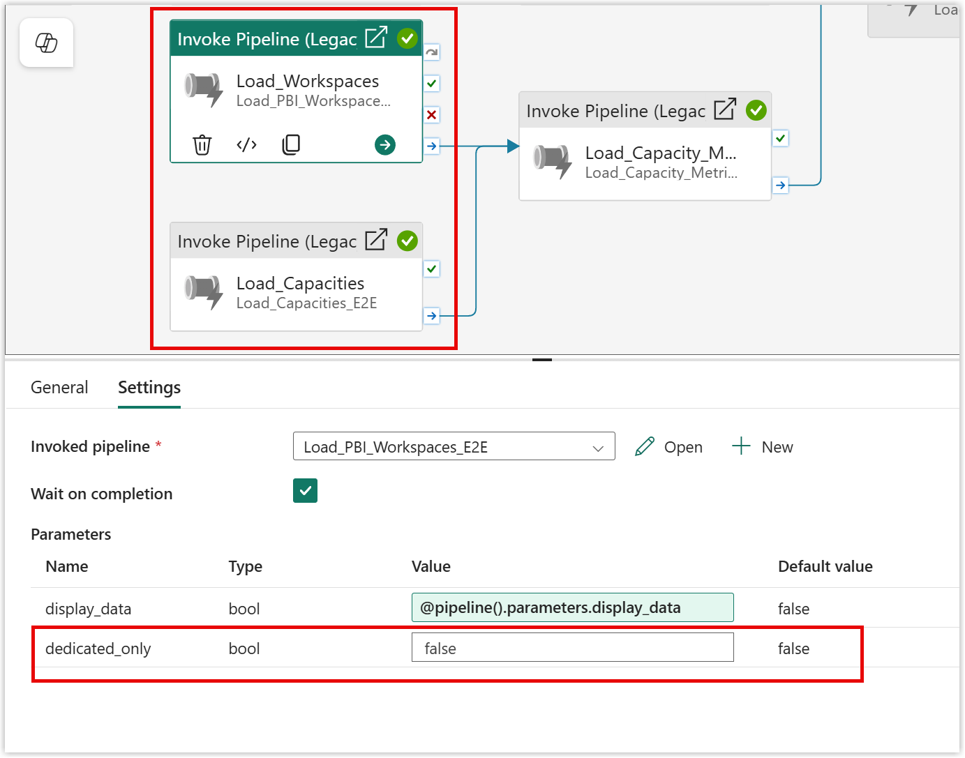 Screen shot of settings tab of the Load_Workspaces activity showing dedicated_only is set to false