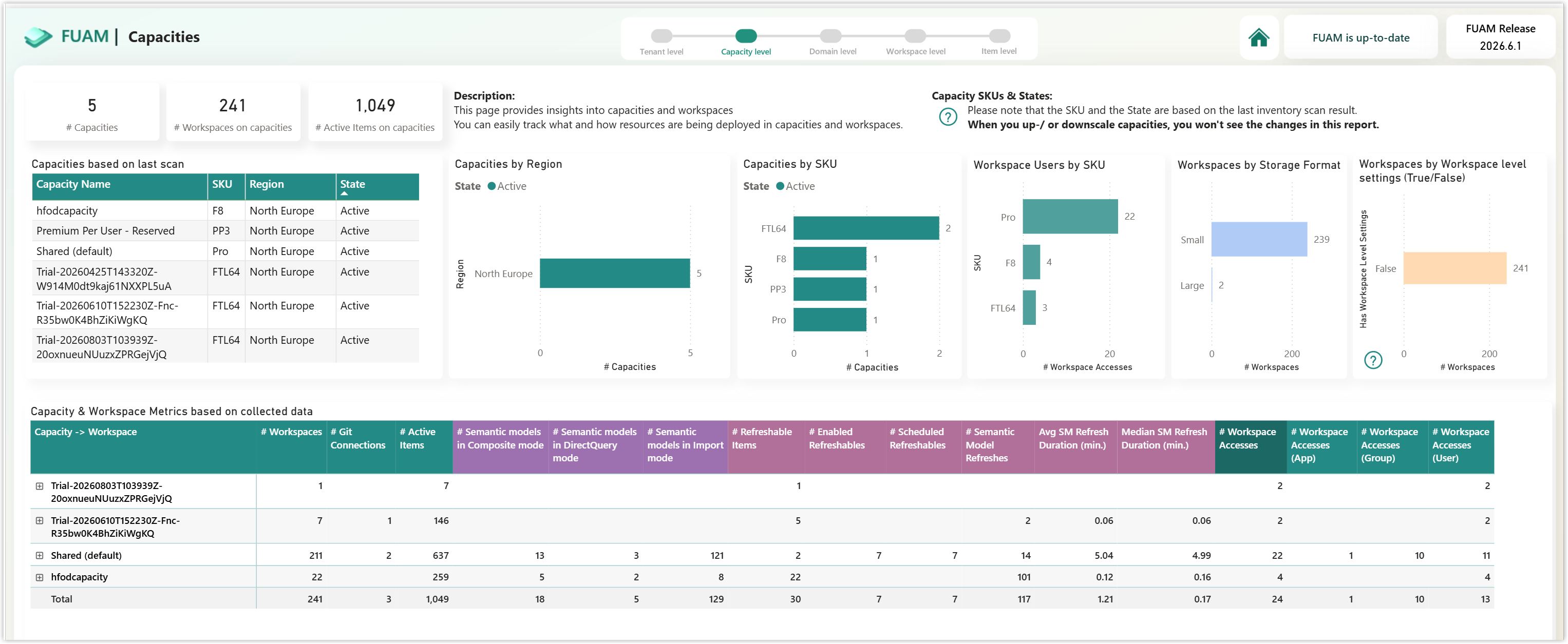 Screen shot of the capacities page in the FUAM Core Report