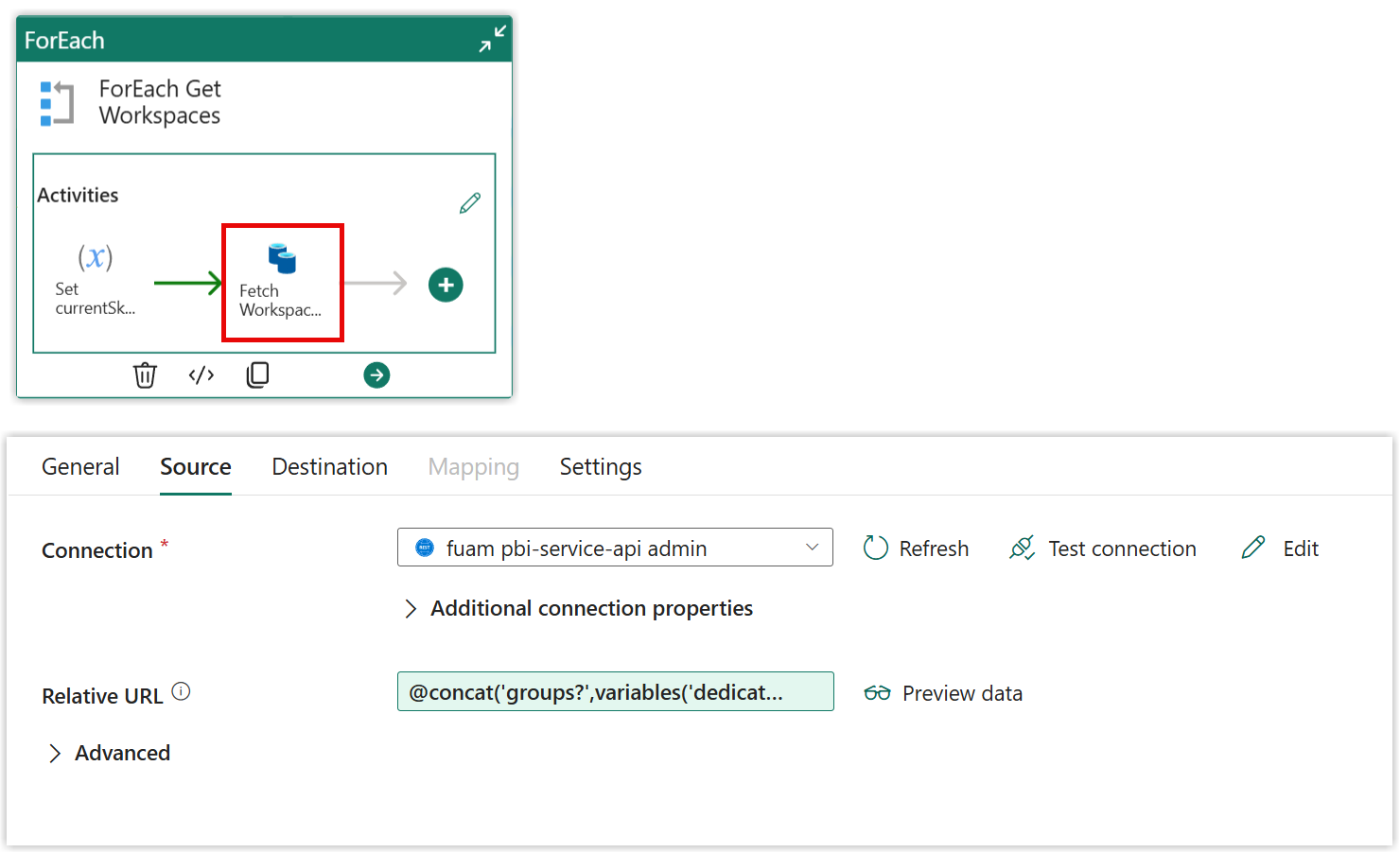 snapshot of the nested Fetch Workspace settings