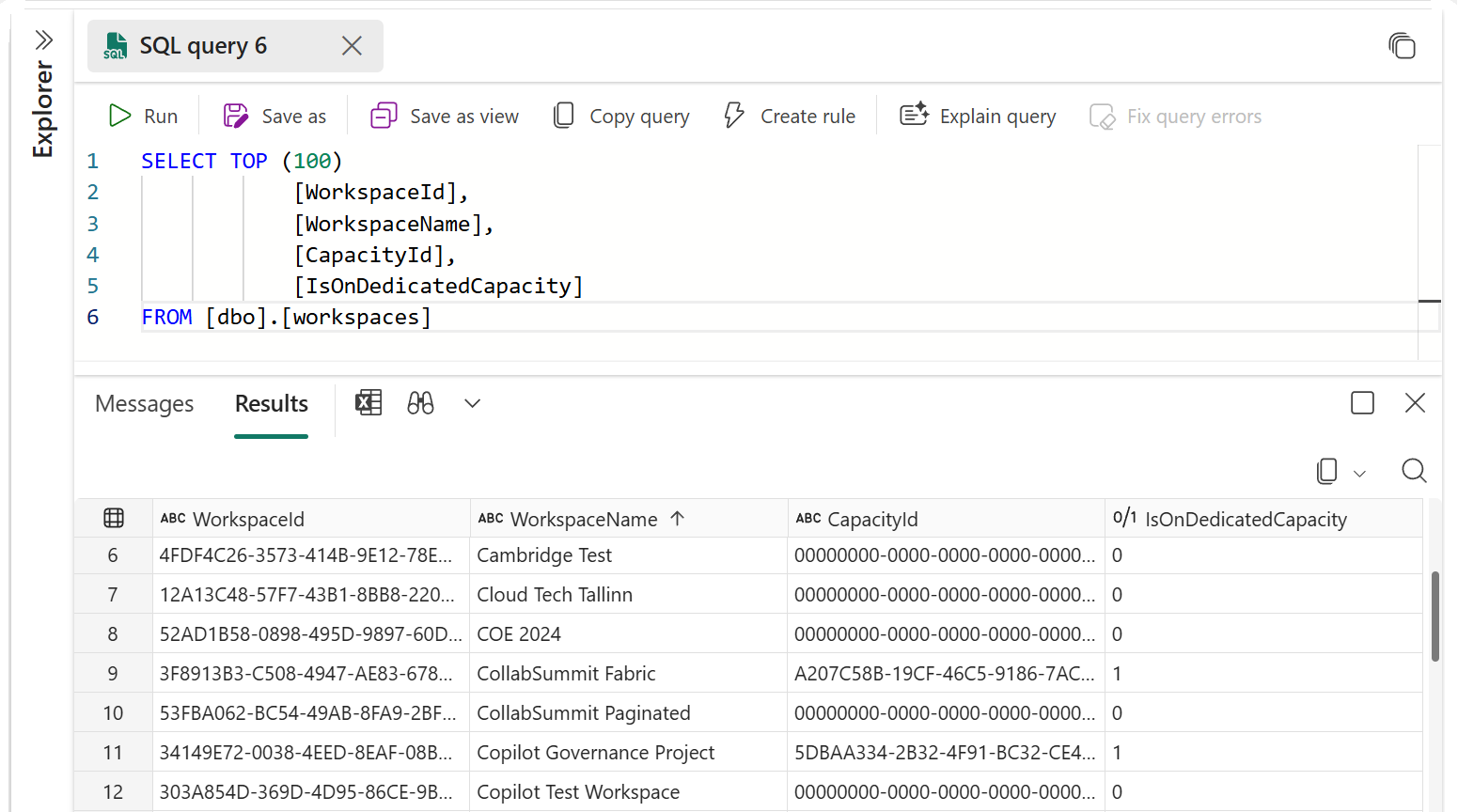 Snapshot of SQL run against the workspaces table to show the shared capacity id against the rows that have 0 in the Is On Dedicated Capacity column