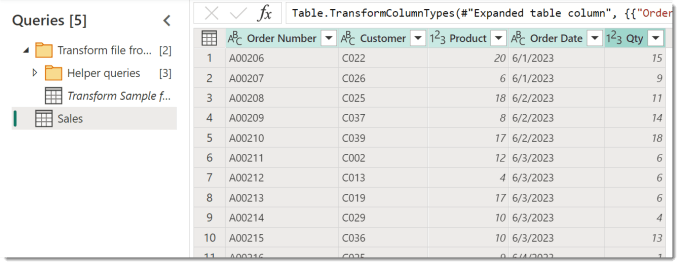 Screen grab of the Queries pane with the helper queries and the Sales query and the data