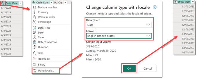 Screen grabs showing the path from a column of dates as a string to dates in date format