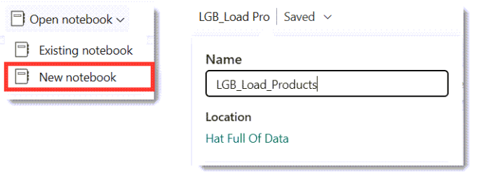 The Open notebook menu showing New notebook and the drop down from the notebook name to rename the notebook.