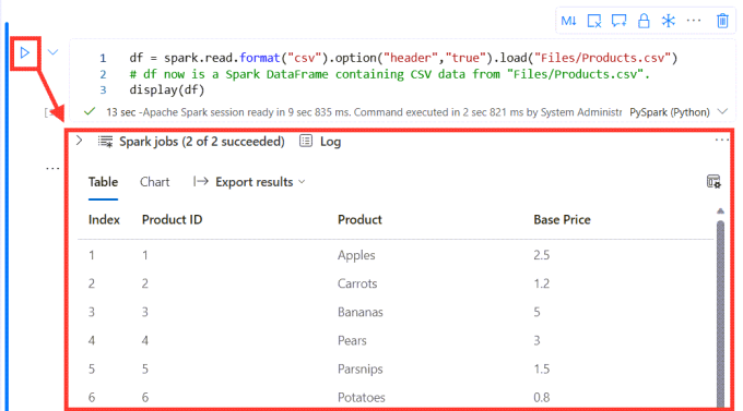 Screen shot showing the code block with the run arrow on the left hand side and showing the results