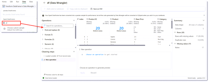 Data ribbon showing how to select the dataframe and a screen grab of the Data Wrangler