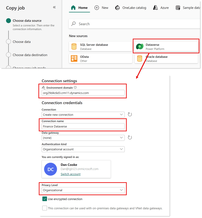 selecting the dataverse connector and entering details as described in the paragraph above