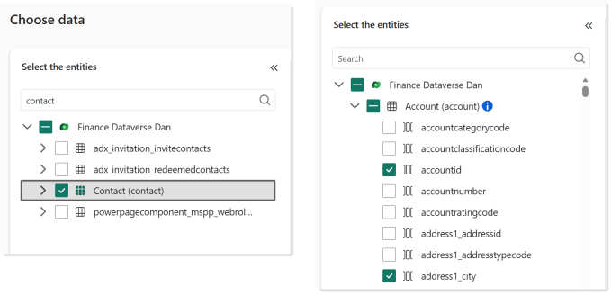 Showing table and column selection