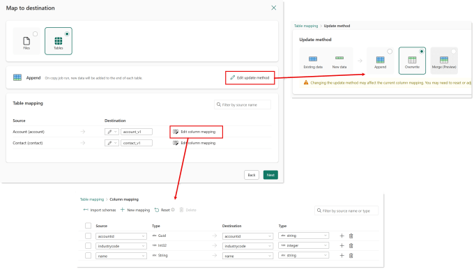 Map to destination screen highlighting links to Edit update method and the Edit column mappings links