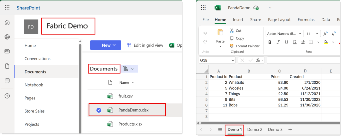 Screen shot of a SharePoint Library with a few files and screen shot of the Excel file opened showing a 