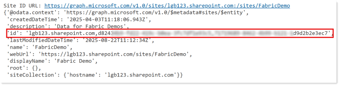 The response JSON from getting the site JSON showing it has an id field
