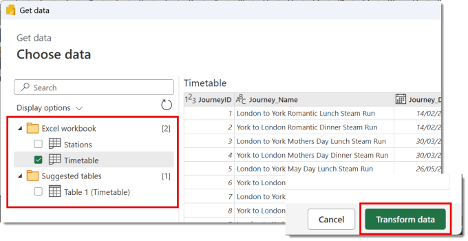 Choose data dialog step in setting up Power Query as a source